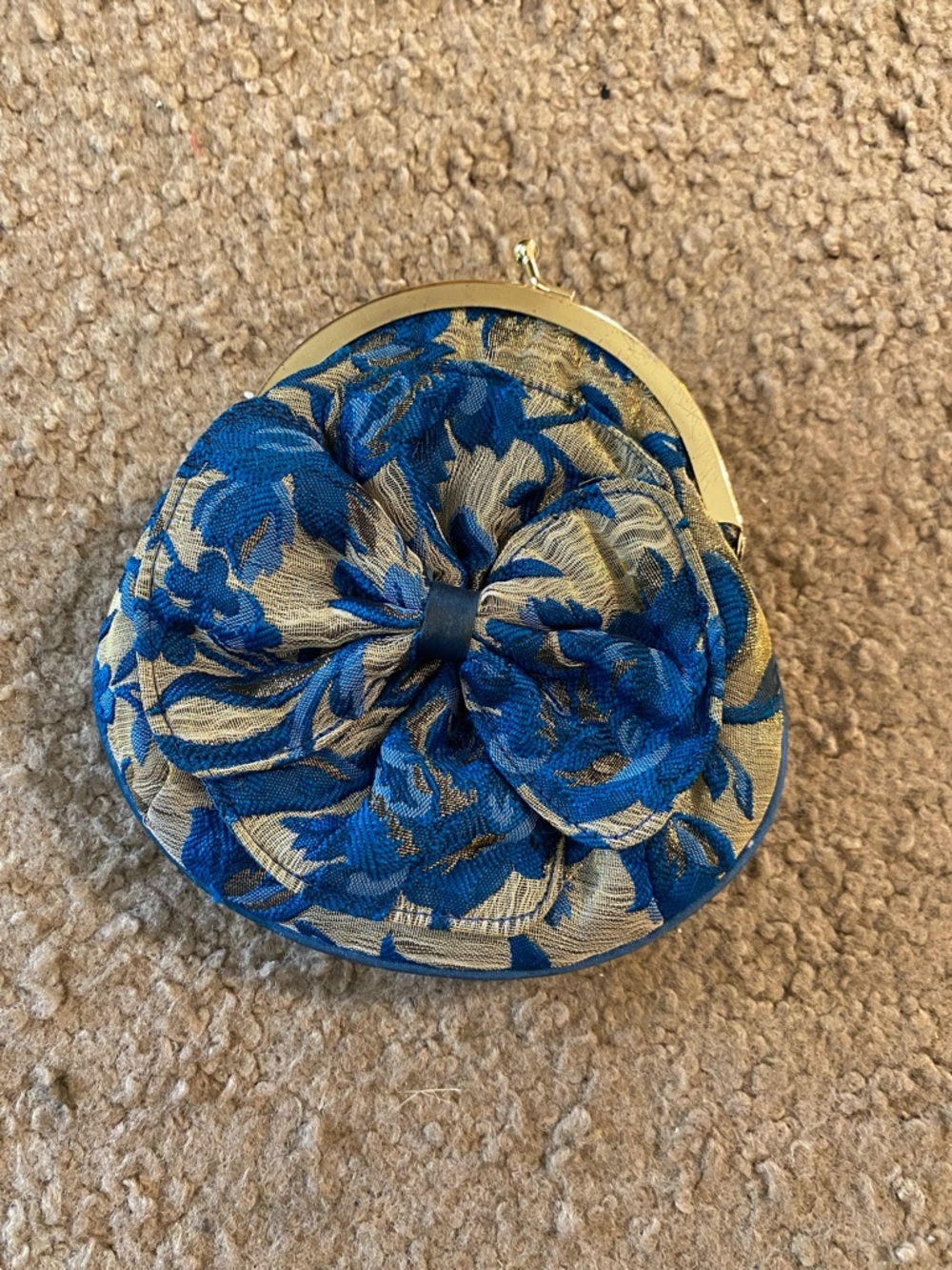 La Regale Blue and Gold Floral Brocade Mini Bag with Rosette